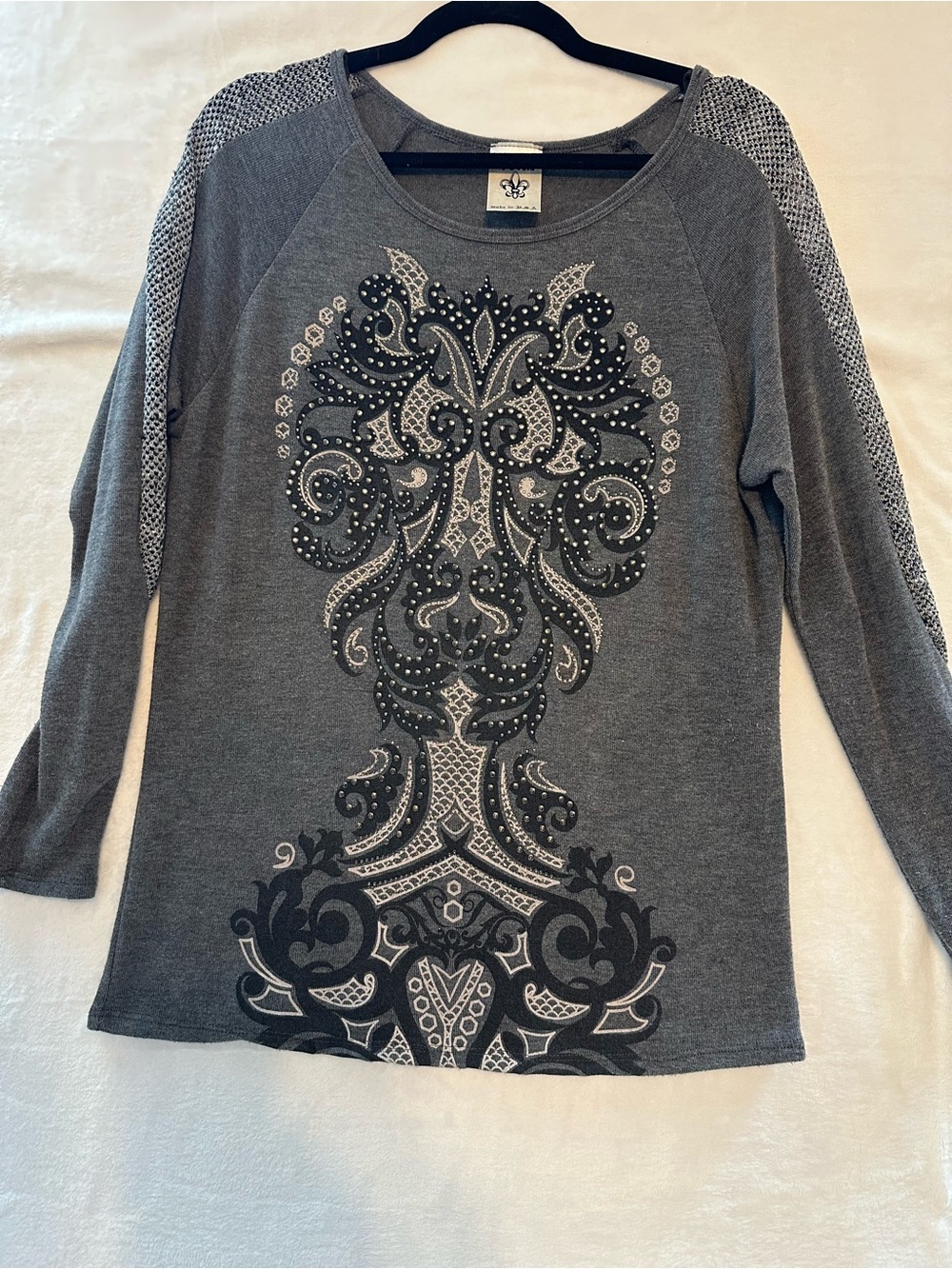 Vocal Dark Gray Long Sleeve Embellished Tee